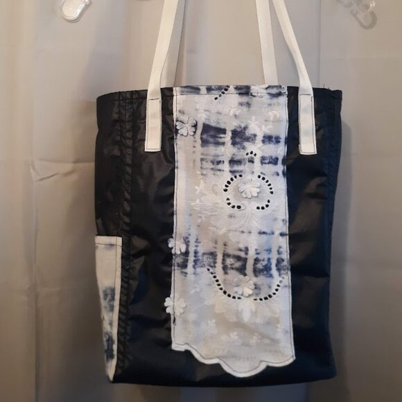 New Boho Lace Tie Dye Tote Shopper shoulder Bag Double handle Blue White KeyClip - Picture 4 of 12